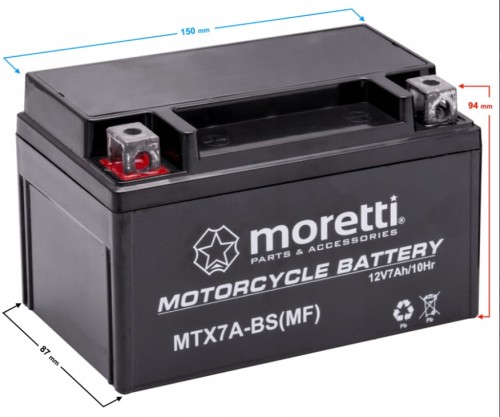 Akumulator do skutera, do quada, do kosiarki 7Ah 12V Moretti 2025r MTX7A