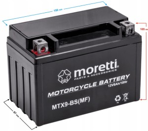 Akumulator do quada, do skutera, do kosiarki 8Ah Moretti AGM/GEL 130A 2025r MTX9